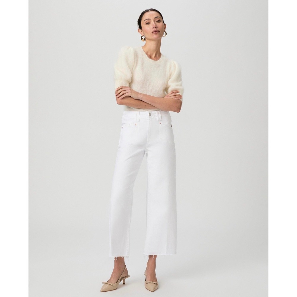 PAIGE Women's Anessa High Rise Wide Leg Jeans Crisp White Size 28 Raw Hem Denim